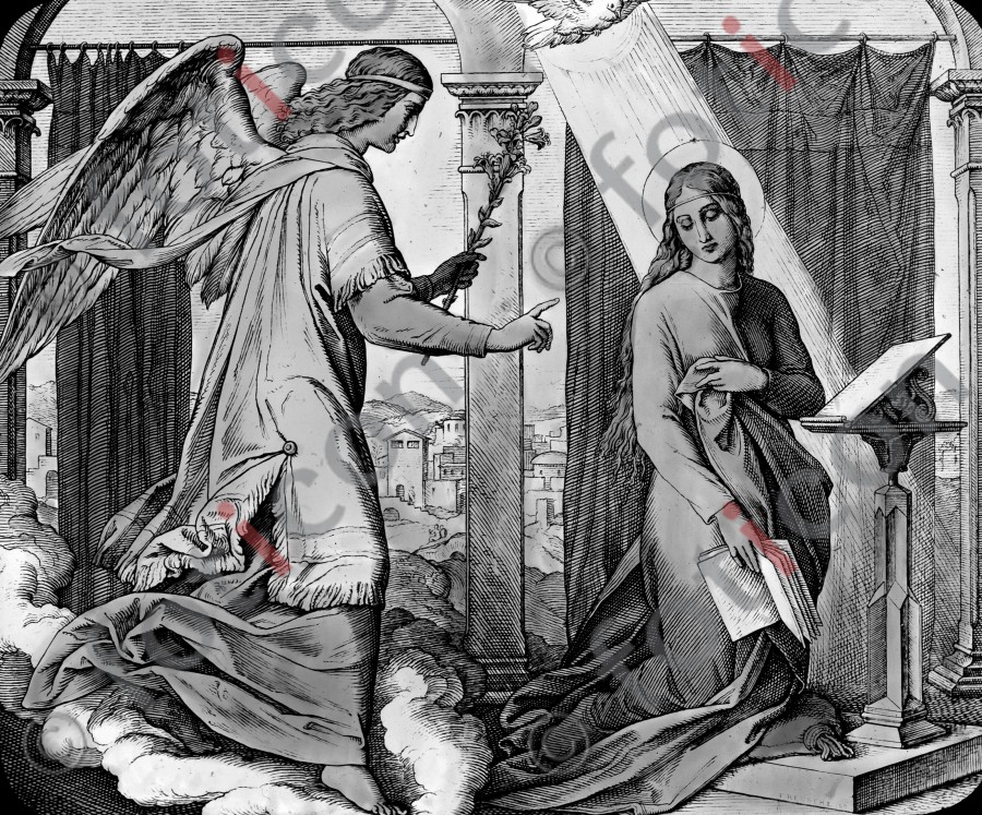 Der Engel Gabriel verkündet Maria die Geburt eines Sohnes | The angel Gabriel announced Maria the birth of a son  (simon-101-006-sw.jpg)